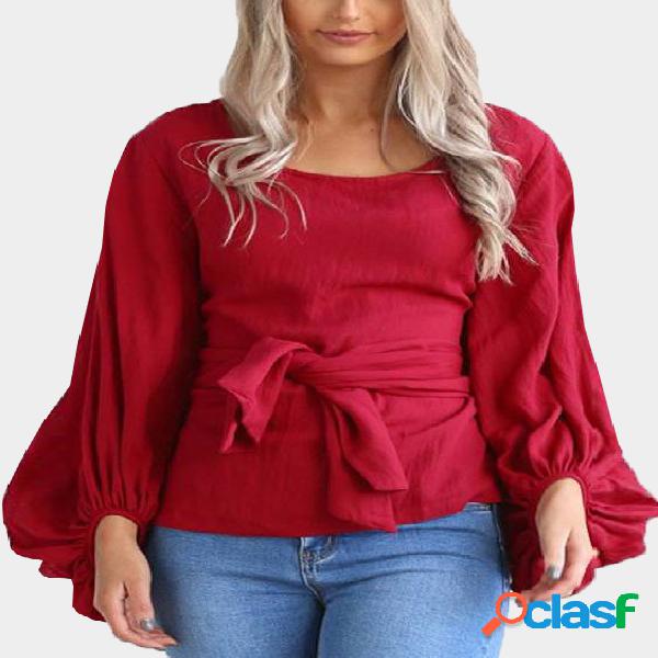Red Tie-up Front Lantern Sleeve Top