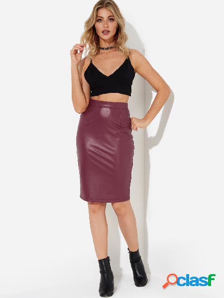 Red Zip Design Knee Length Leather skirt
