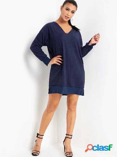 Royal Blue V-neck Long Sleeves Patchwork Sweatshirt Dress