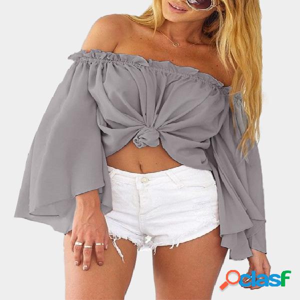 Transparent Light Grey Off Shoulder Crop Top with Long