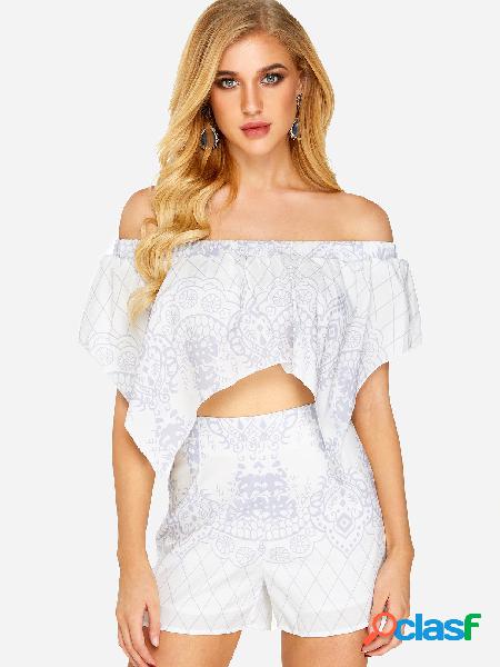 Vintage Pattern Off-shoulder Scallop Hem Top & Highwaisted