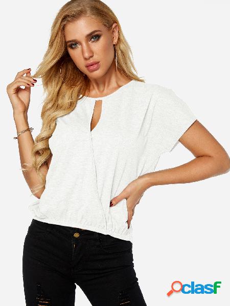 White Cut Out Round Neck Short Sleeves Top