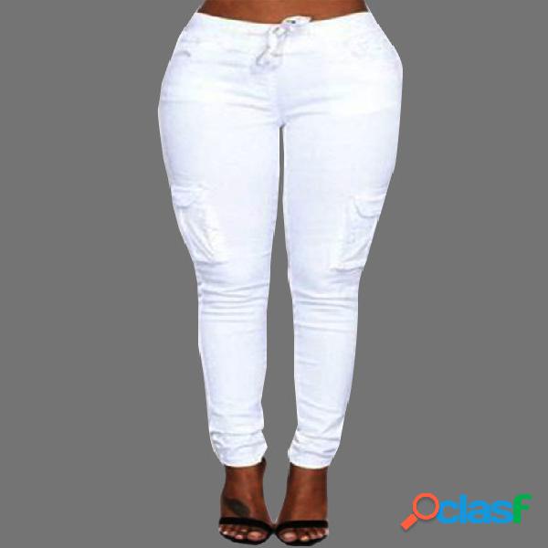 White Drawstring Waist Pockets Design Trousers