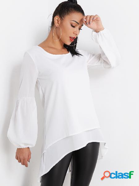 White Tiered Design Round Neck Lantern Sleeves Blouse With