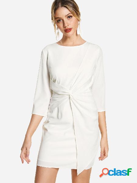 White Twist Front 3/4 Length Sleeves Dress