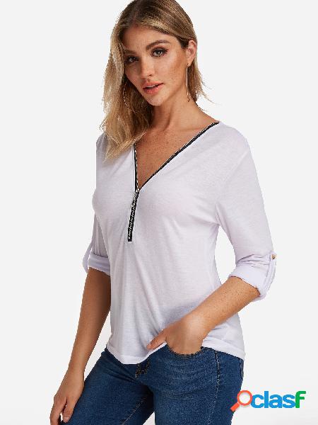 White Zip & Button Design Plain V-neck Half Sleeves T-shirts