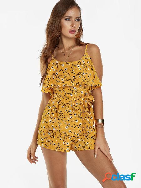 Yellow Self-tie Design Random Floral Print Tiered Playsuit