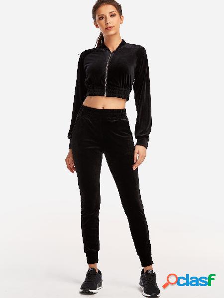 Active Cut Out Zip Design Elastic Tracksuit in Black