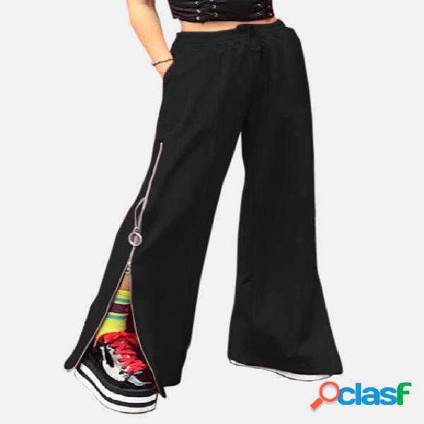 Active Zip Design Wide Leg Pants in Black