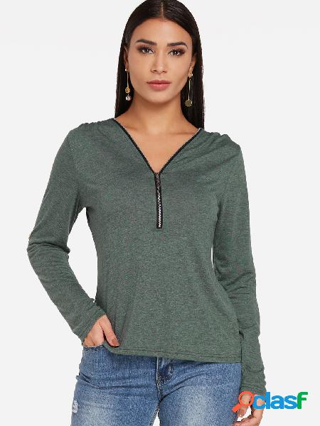 Amy Green Zip & Button Design Plain V-neck Half Sleeves