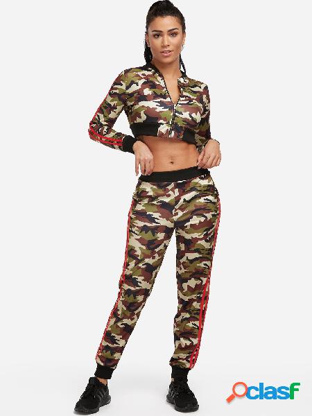 Army Green Side Pockets Camouflage Long Sleeves Active