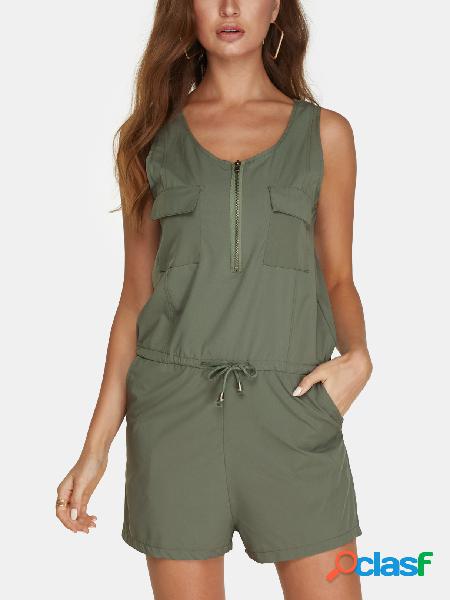 Army Green Zip design V-neck Sleeveless Drawstring Waist