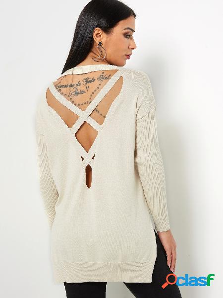 Beige Cross Design Round Neck Long Sleeves Slit Sweater
