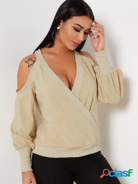 Beige Crossed Front Design Plain Cold Shoulder Long Sleeves