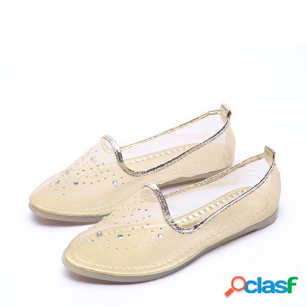 Beige Transparent Jewelled Point Toe Flats