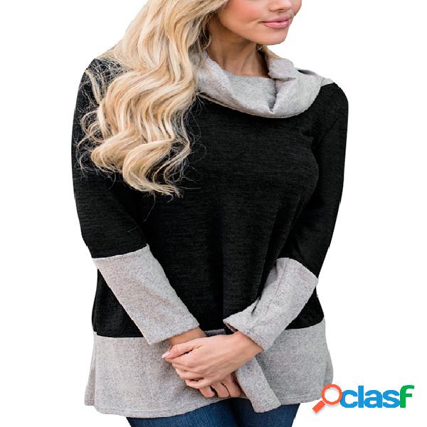 Black Color Block Cozy Roll Neck Colorblock Sweatshirt