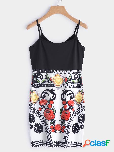 Black Random Floral Print Backless Scoop Neck Sleeveless