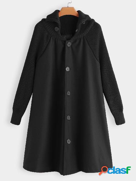 Black Roll Neck Button-down Cable Ribbed Knitted Cape Trech