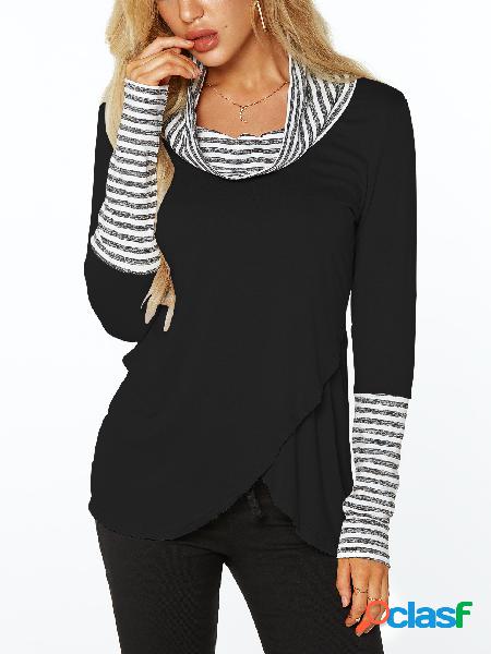 Black Roll Neck Stripe Details Overlay Front T-shirts