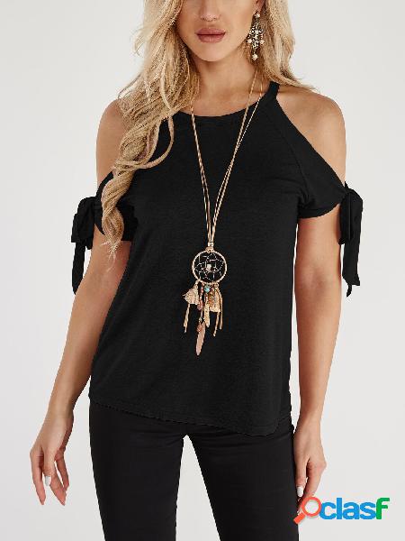 Black Round Neck Cold Shoulder Tie-up at Sleeves Tee