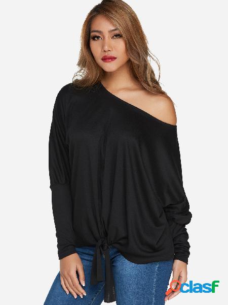 Black Self-tie Design Plain One Shoulder Bat Sleeves Top