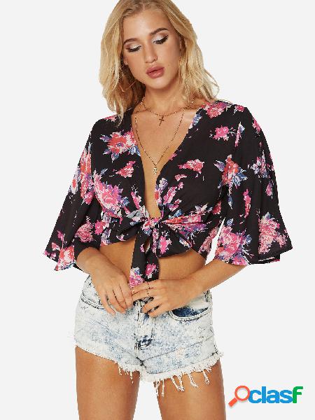 Black Self-tie Design Random Floral Print V-neck Crop Top