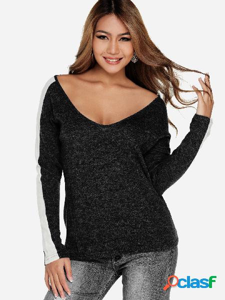 Black Stitching Design V-neck Long Sleeves Sweaters