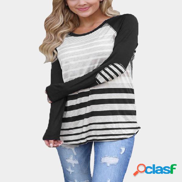 Black Stripe Round Neck Curved Hem Tee