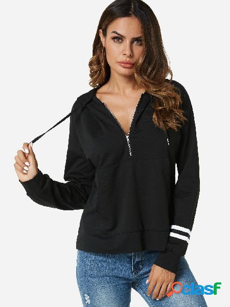 Black Zip Design Stripe Long Sleeves Hoodie