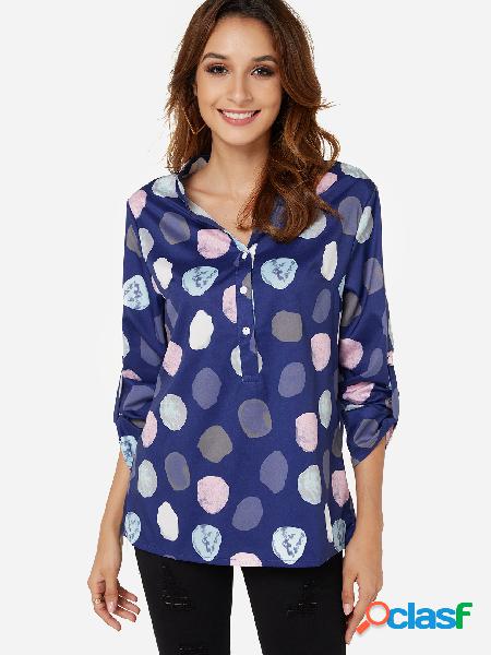 Blue Polka Dot V-neck 3/4 Length Sleeves Shirt