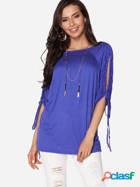 Blue Side Cut Out Round Neck Half Sleeves T-shirt