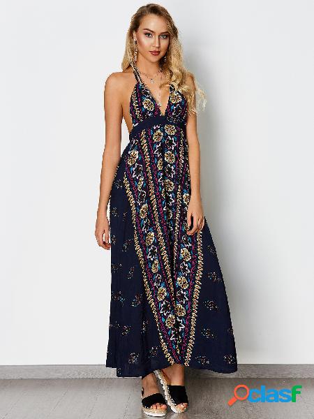 Boho style Backless Random Floral Print Halter Sleeveless