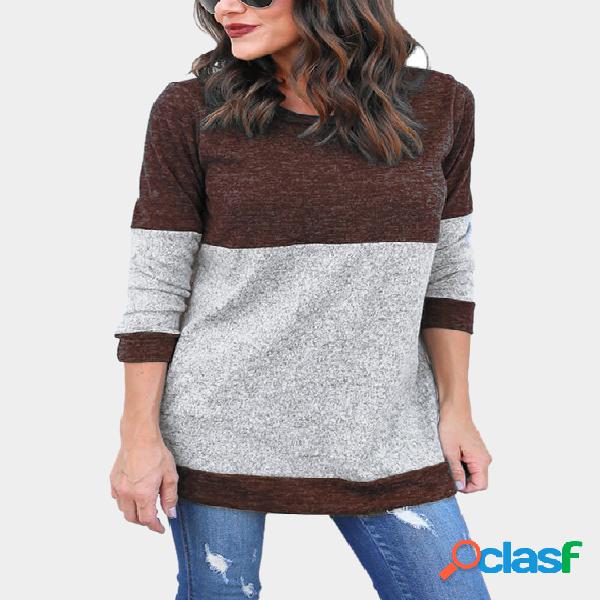 Brown Crew Neck Long Sleeves Patchwork Design Sweater