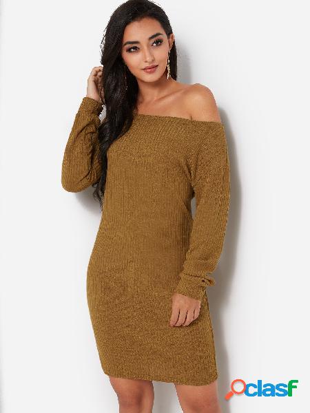Brown One Shoulder Long Sleeves Knitted Sweater Dress