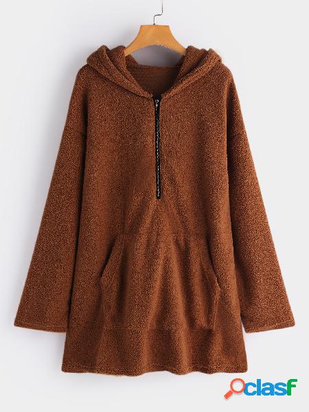 Brown Zip Kangaroo Pocket Design Long Sleeves Hoodie