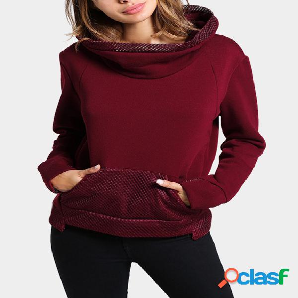 Burgundy Chimney Collar Long Sleeves Color Block Hoodie