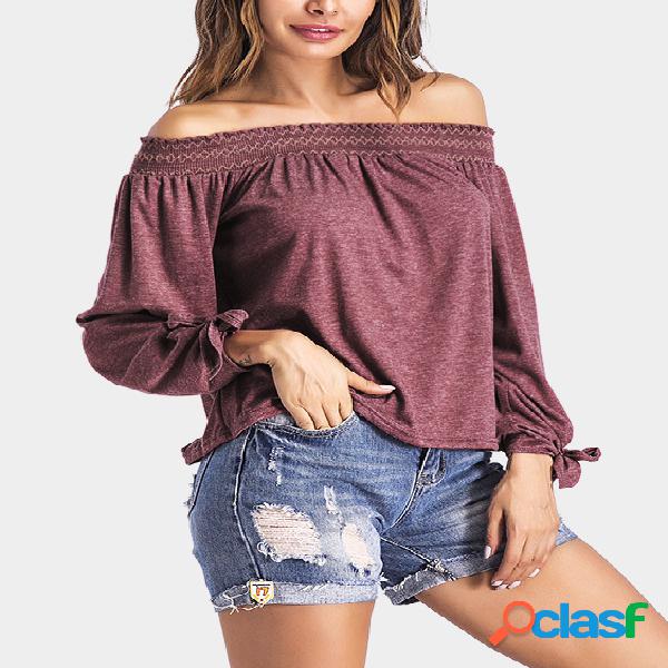 Burgundy Tie At Cuffs Off Shoulder Long Sleeves Blouse