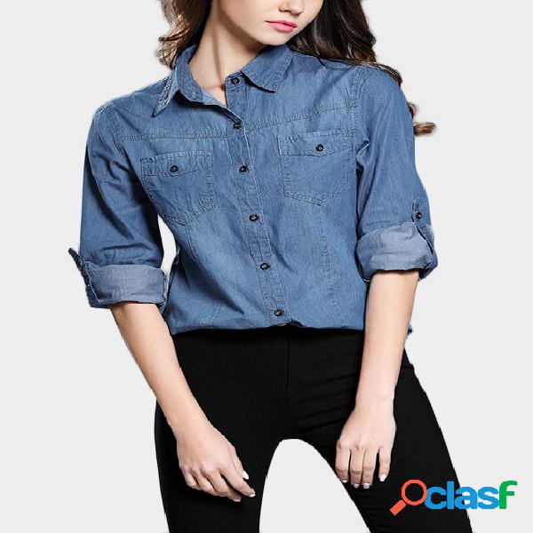 Dark Blue Lapel Neck Long Sleeves Blouse