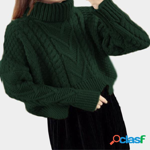 Dark Green Cable Knit Turtleneck Long Sleeves Sweaters