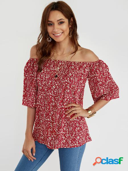 Floral Print Off The Shoulder Half Sleeves Blouse in Red