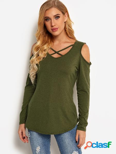 Green Cold Shoulder Crossed Front Design Plain Round Neck