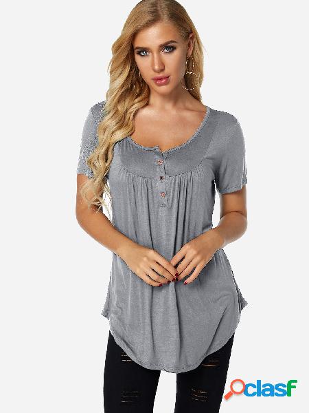 Grey Button Design Pleated Details Round Neck Short Sleeves