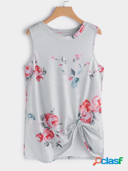 Grey Crossed Front Design Random Floral Print Round Neck