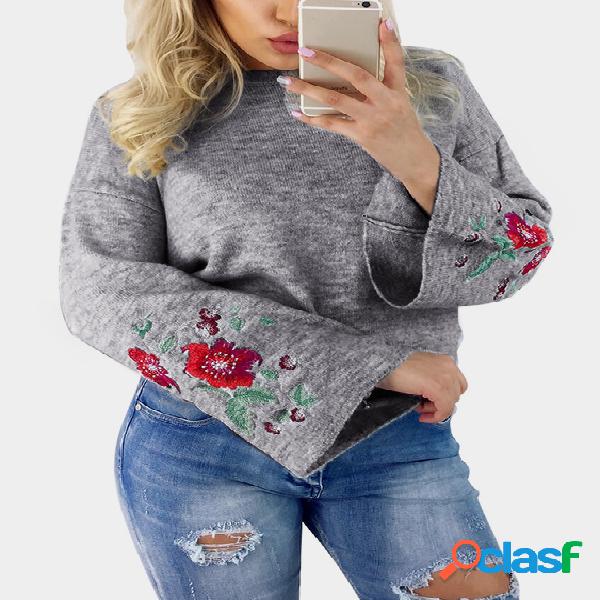 Grey Embroidery Pattern Round Neck Bell Sleeves Jumper