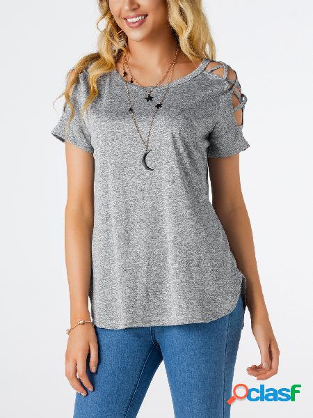 Grey Hollow Design at Shoulder Round Neck T-shirt