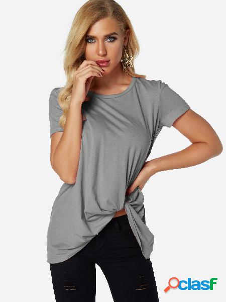 Grey Pleated Design Round Neck Short Sleeves T-shirts