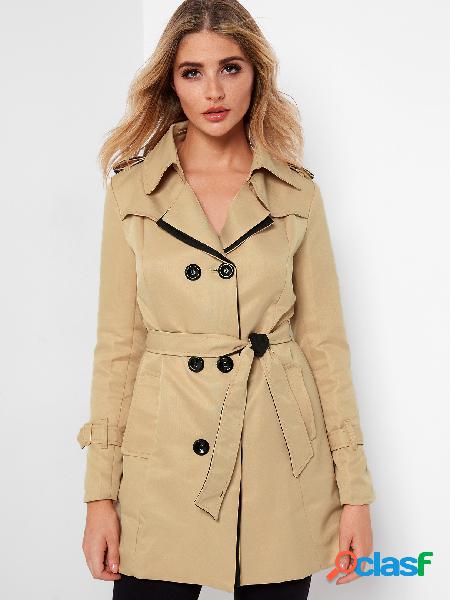Khaki Lapel Collar Double Breasted Self-tie Waisted Trench