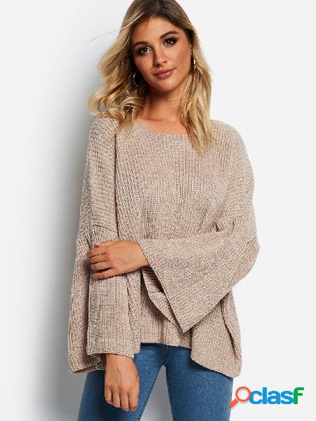 Khaki Round Neck Long Bell Sleeves Sweater