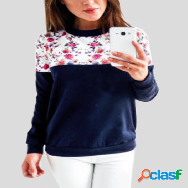 Navy Floral Print Patchwork Long Sleeves Sweatshirts