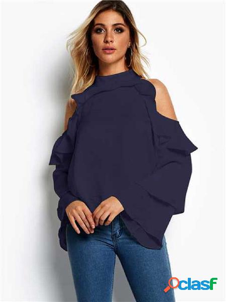 Navy Flounced Design Cold Shoulder Long Sleeves Blouse